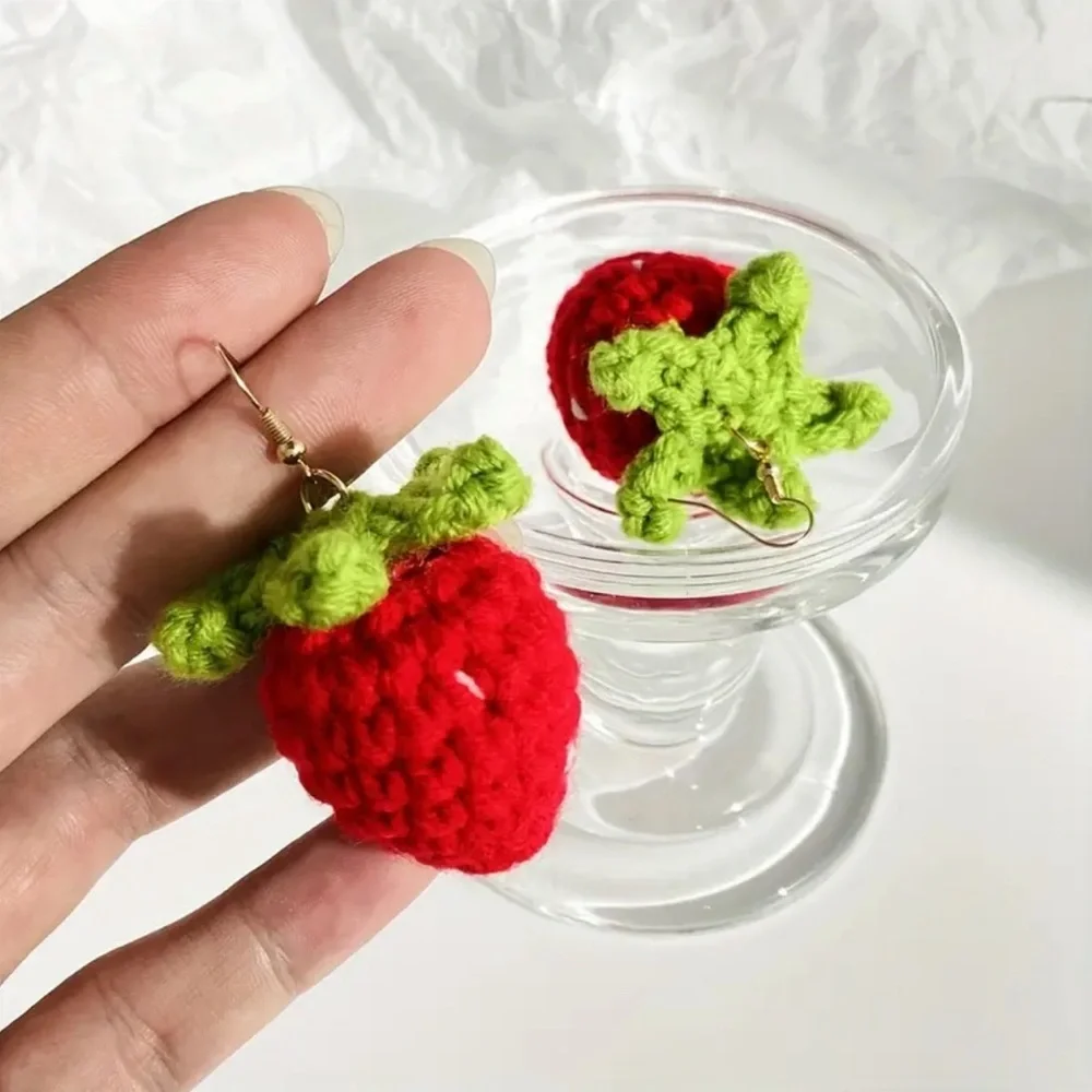 Strawberry Earrings Crochet Handcrafted Hypoallergenic Gold Tone - Picture 3 of 4